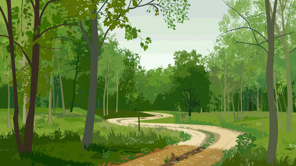 Scenic forest path winding through green trees and grassy landscape in nature illustration
