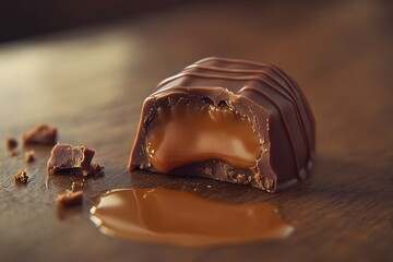 Side angle of a molten caramel filled truffle with its rich filling oozing out 