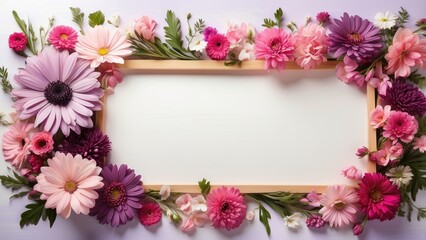 A wooden frame surrounded by a vibrant arrangement of flowers on a soft, light background.