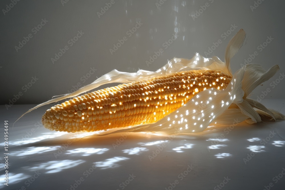Poster brightly lit corn on the cob resting on a surface with soft light illuminating its details