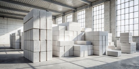 Stacked Lightweight White Concrete Blocks on Concrete Floor - Candid Architectural Material Photo
