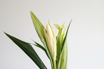 Obraz premium Freshly harvested corn and plant leaves arranged elegantly against a light background