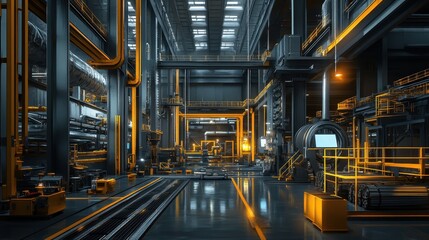 Modern industrial factory interior, sleek metallic structures and bright yellow accents. Illustrates advanced manufacturing, technology, and industrial design.