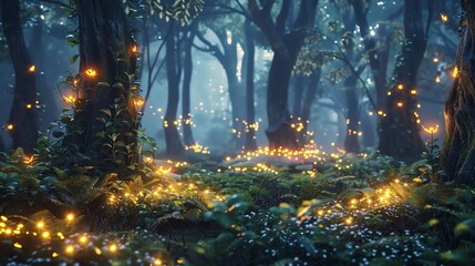 Naklejka premium A digitally rendered image of a magical forest at night, with trees adorned with glowing lights.