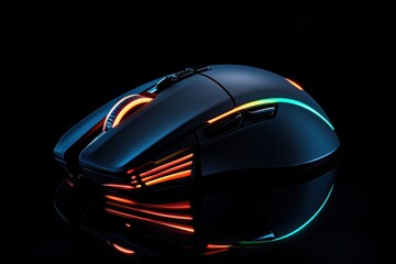 High-tech RGB gaming mouse with customizable LED lighting and ergonomic design on a reflective black surface