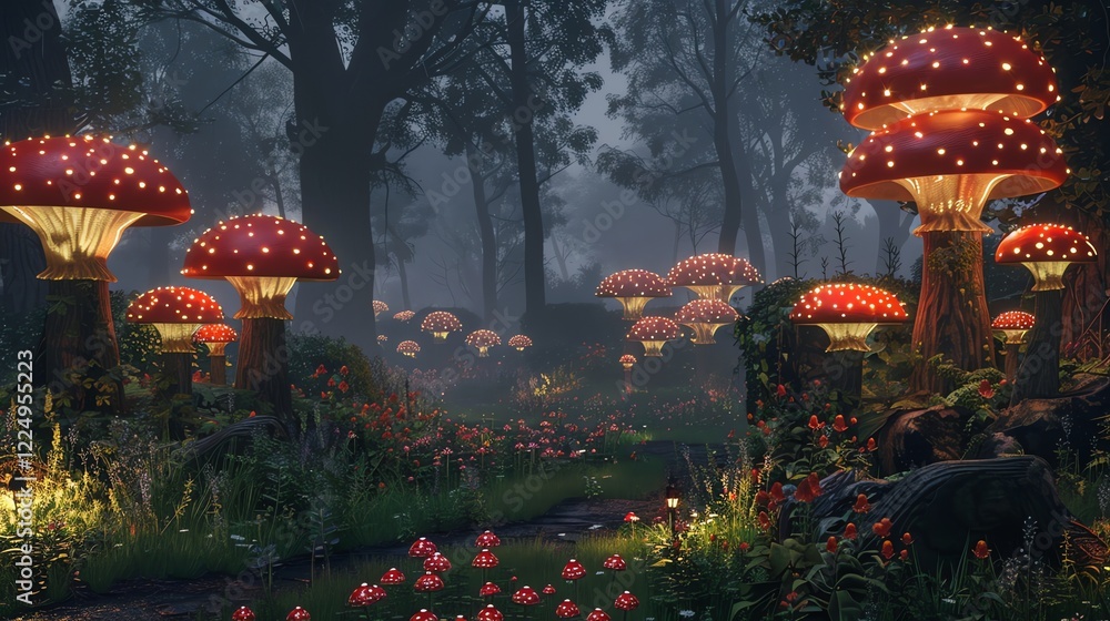 Poster a magical forest with glowing mushrooms and a mysterious path winding through it.
