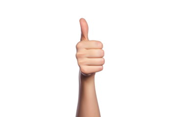 Woman hand showing thumb up ok sign isolated on transparent white background