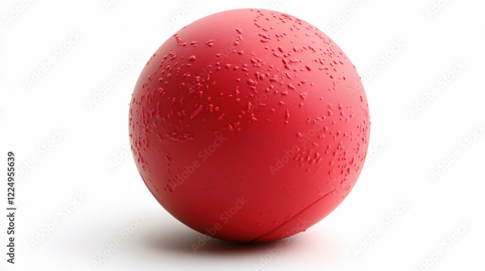 Poster textured red sphere against white background with studio lighting creating soft shadows