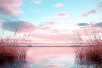 Twilight tranquility over a still lake reflecting pink and purple hues with tall reeds framing the serene landscape. Generative AI
