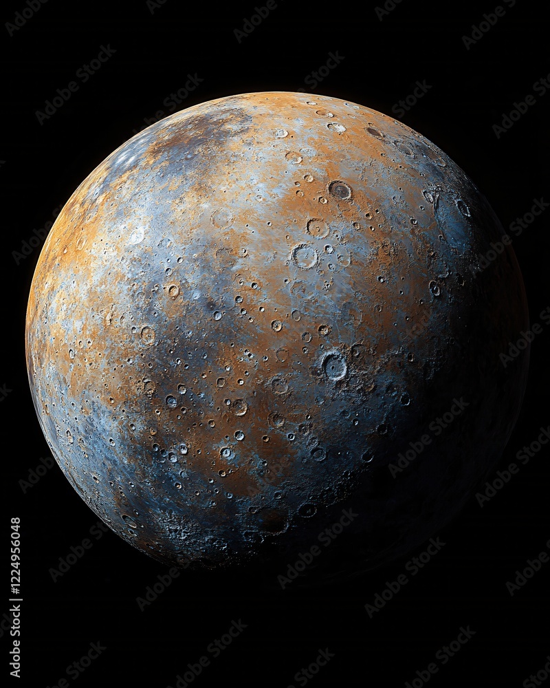 Poster distant planet with craters and varied surface texture against a dark space background