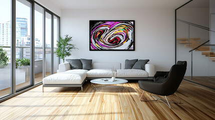 A large abstract painting hangs on the wall of a modern living room. generated using AI