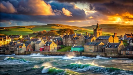 Stromness Orkney, Scotland: Double Exposure of Dramatic Coastal Landscape and Historic Buildings