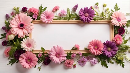 A wooden frame surrounded by a vibrant arrangement of flowers on a soft, light background.