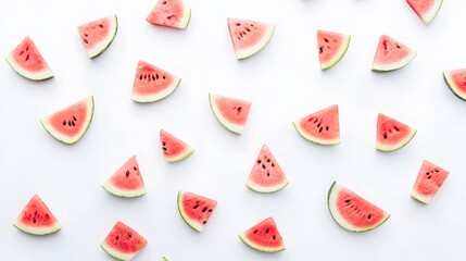 Fototapeta premium Refreshing watermelon slices arranged on a white background.