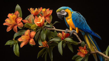 Fototapeta premium A landscape with a picture parrot with flowers against black background.