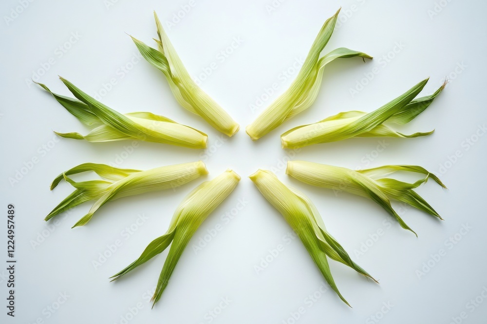 Poster fresh corn husks arranged in a circular pattern on a light background for culinary presentation