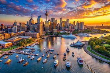 Obraz premium Stunning Aerial View of Sydney Skyline, Darling Harbour at Sunset