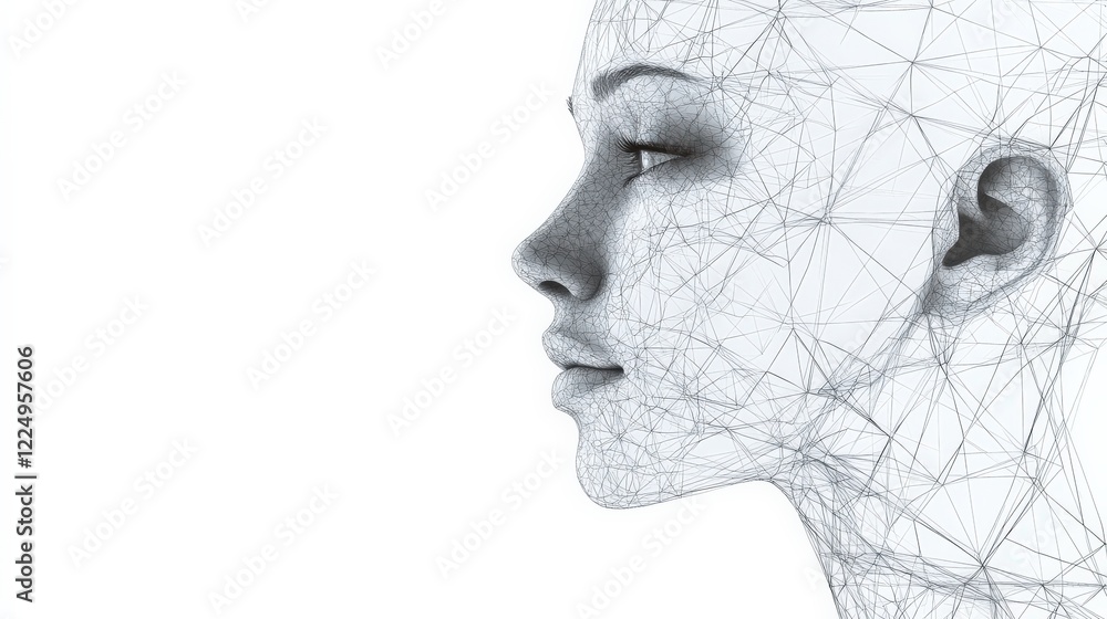 Poster abstract representation of a human face created with a network of lines and dots showcasing technolo