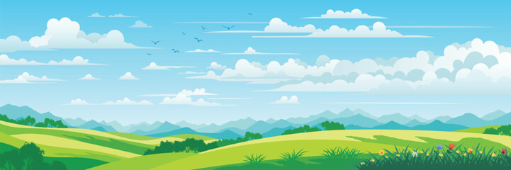 Fototapeta premium View of summer landscape, spring hills, green meadows and hills, bird flock, vector illustration