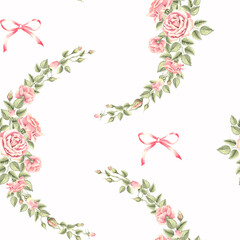Fototapeta premium Flowers of roses with buds and leaves. Seamless pattern. Hand drawn watercolor illustration. Spring pink bloosom. Floral ornament from garden plants. Template for wallpaper, textile, packaging, cover.