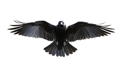 Naklejka premium Majestic raven in flight, wings spread wide against a white background.