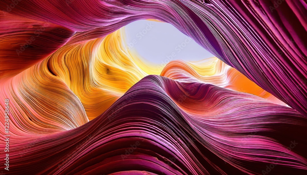 Poster vibrant 3d rendered cave with pink and yellow rippled surfaces exploring an otherworldly subterranea