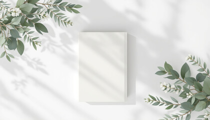 White Book Mockup With Greenery And Shadows