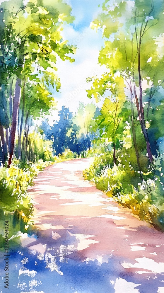 Poster watercolor path through lush forest with sunlight filtering through trees on a summer day