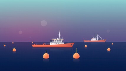 Obraz premium Two boats float serenely in calm waters, surrounded by orange buoys against a tranquil twilight sky.