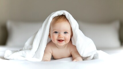 Curious baby peeking out from under a soft blanket on a cozy bed in a bright room