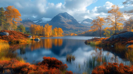 Fototapeta premium Photography of a serene loch nestled between towering Highland mountains, with the water reflecting the rich colors of the surrounding heather and rocky outcrops.