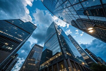 Fototapeta premium Stunning Low-Angle Shot of Reflective Skyscrapers at Night, Cityscape Business Buildings, Glass Curtain Wall Details