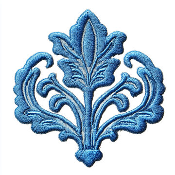 an embroidered blue patch on a clean white background.