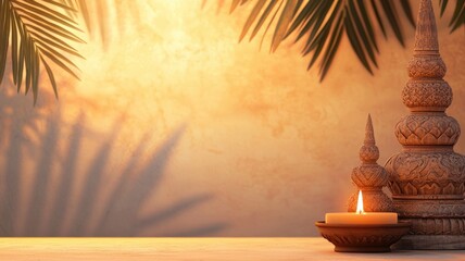 Thai massage spa atmosphere with relaxing background essentials. A serene scene featuring a candle, decorative statue, and palm leaves, creating a tranquil and warm atmosphere.