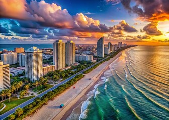 Fototapeta premium Stunning Panoramic Miami Skyline: Vibrant Cityscape at Golden Hour