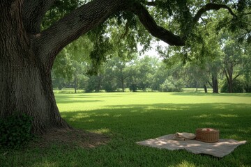 Obraz premium Peaceful Picnic Scene Under a Large Tree in a Lush Green Park with Sunshine and Calm Atmosphere