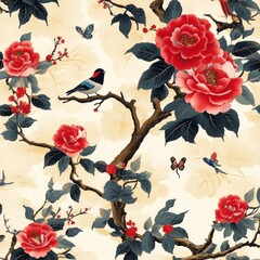 Red Roses, Birds, Butterflies Asian Garden Print