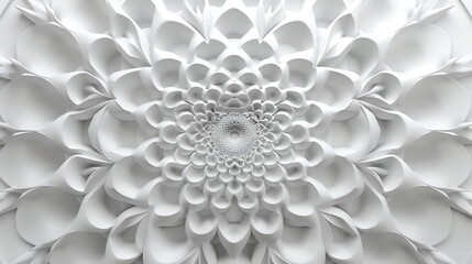 A 3D render of a white, floral design, featuring overlapping petals and a central circular shape.