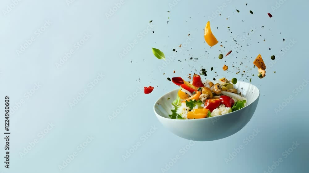 Poster fresh and colorful salad ingredients such as bell peppers, tomatoes, basil, and spices are floating 