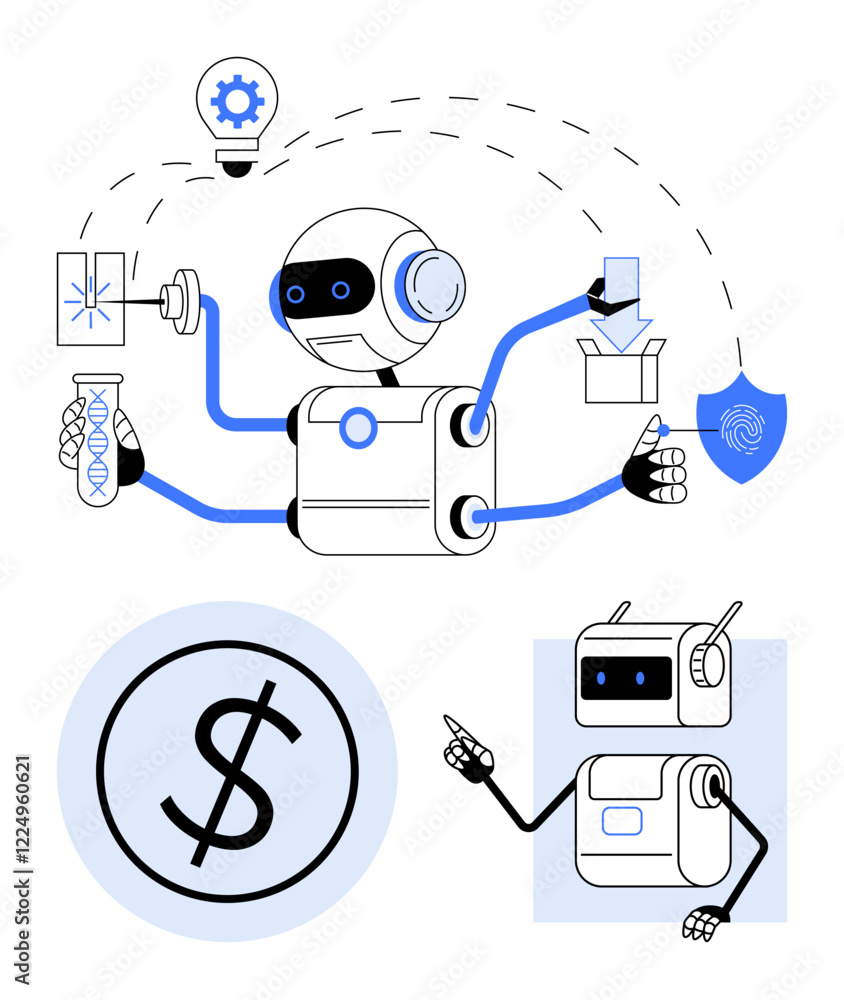 Aufkleber multifunctional robot using tools handling documents, surrounded by icons including lightbulb, finge