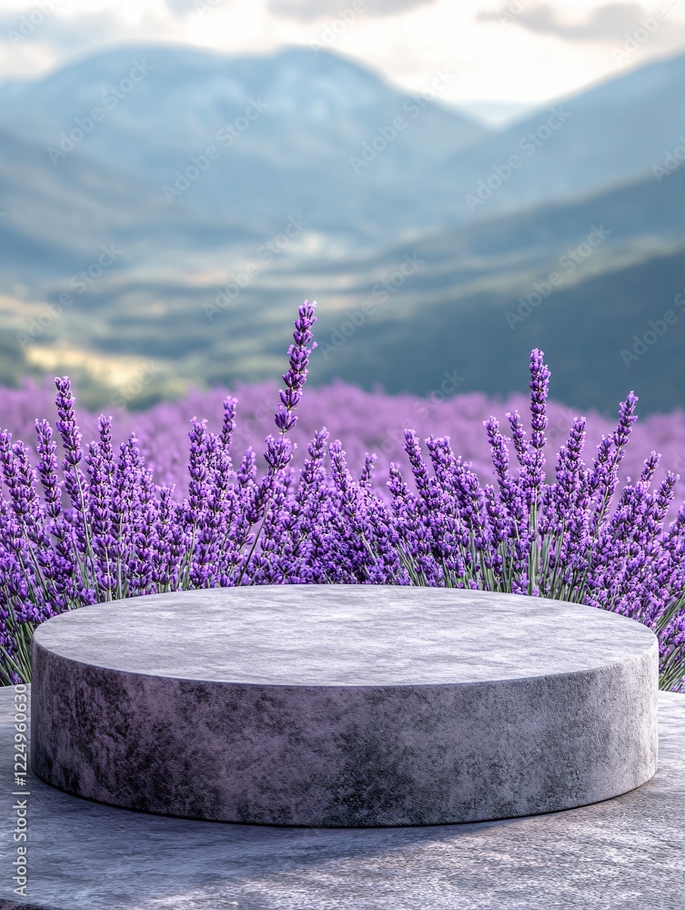 Poster stone platform display with lavender field and mountain backdrop creating a serene scene