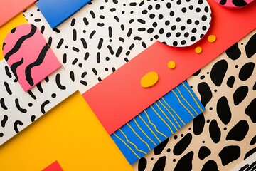 Colorful abstract composition featuring geometric shapes and patterns on a vibrant background