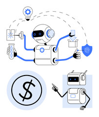 Multifunctional robot using tools handling documents, surrounded by icons including lightbulb, fingerprint, dollar sign. Ideal for technology, industry, automation, efficiency, innovation, robotics