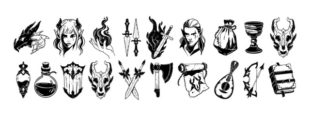 Fantasy RPG icon set, hand drawn dark line magic tattoo, vector fairy tale black sign, elf character. Dungeon dragon sticker print, witchcraft mystic badge, wizard weapon ancient item. Fantasy icon © Oleksandra