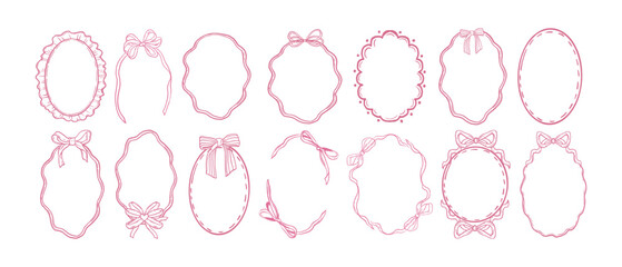 Cute ribbon frame set, vector hand drawn doodle border, pink bow line illustration, minimal design. Romantic wedding celebration decor, coquettish wavy oval banner. Vintage elegant lace ribbon frame