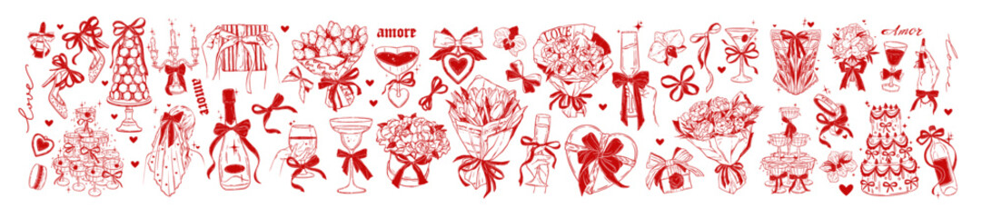 Coquettish wedding doodle set, vector hand drawn Valentine day line illustration, flower bouquet. Romantic engagement graphic, champagne tower, elegant wine glass ribbon bow. Wedding doodle collection