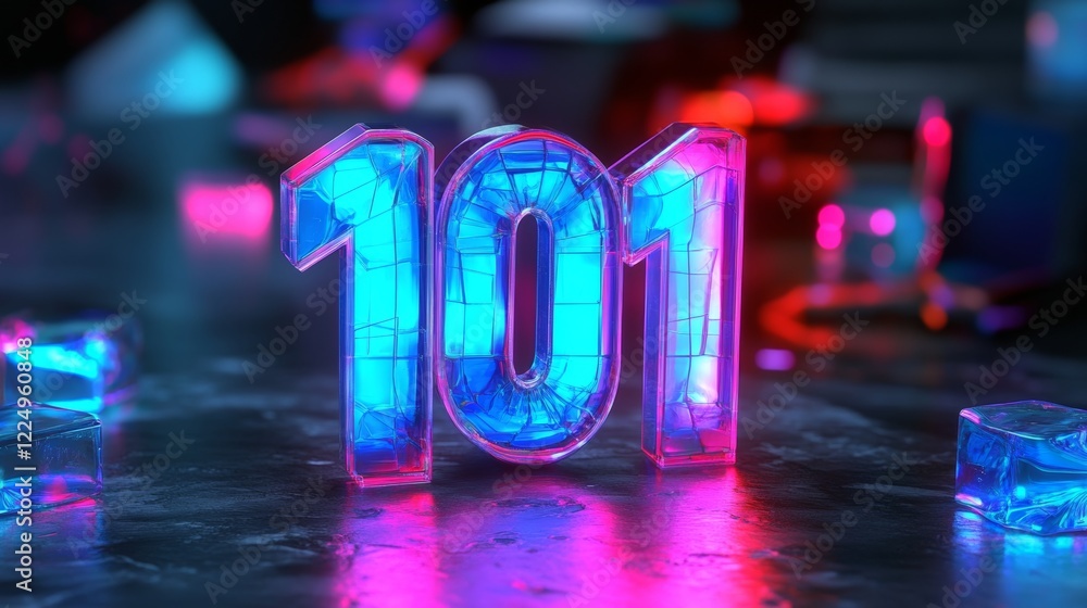 Poster glowing digital 3d number 101 on cyberpunk abstract background a futuristic retro concept.