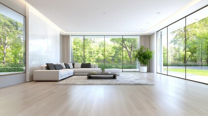 Obraz premium Modern living room with large windows, garden view, interior design