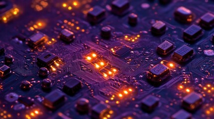Fototapeta premium Close-up of illuminated circuit board components.