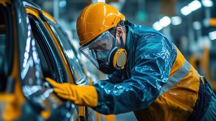 Factory worker inspecting car body.